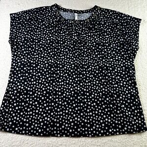 NY Collection Plus Size 2X BlackWhite Polka Dot Cap Sleeve Top Gold Grommet Neck